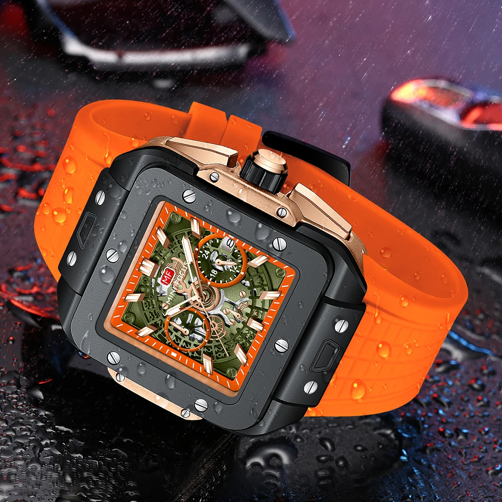 2024 New Square Watch Men Fashion Sport Orange Silicone Type Quartz Wristwatch Leisure Waterproof Chronograph Relogio Masculino