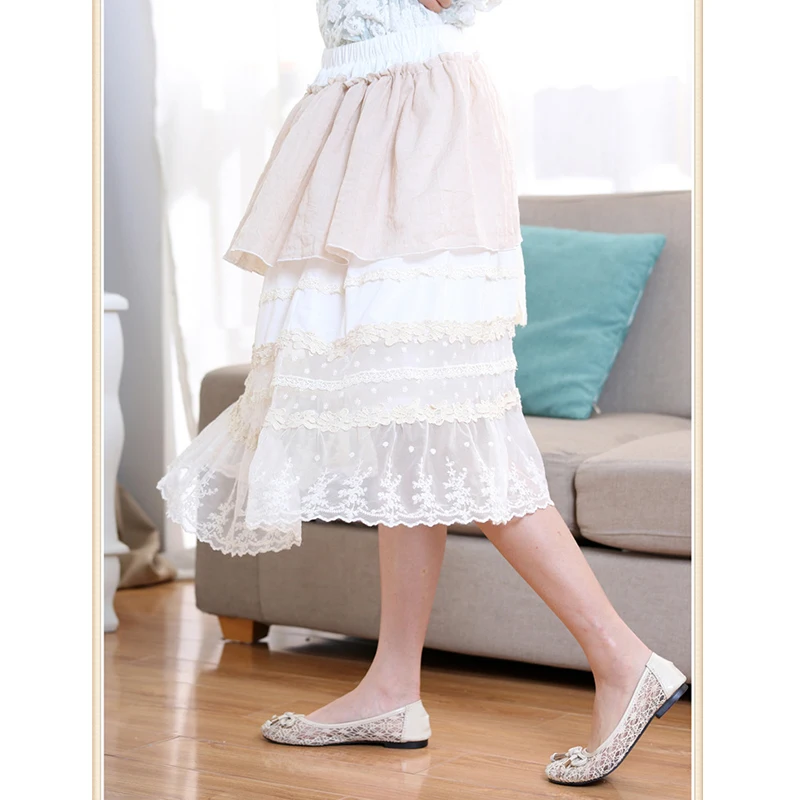 Mori menina saia plissada flor roupas femininas oco solto algodão retalhos malha renda em camadas babados saia bonito núcleo saia a114
