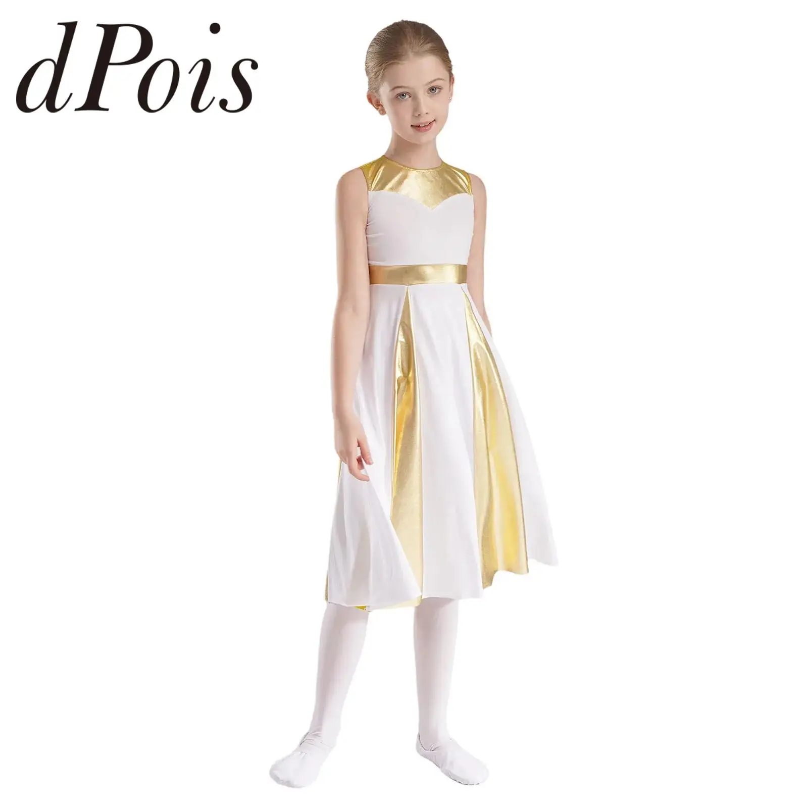 

Kids Girls Metallic Liturgical Dancing Dress Color Block Sleeveless Praise Dance Dresses Children Church Worship Costume Robe