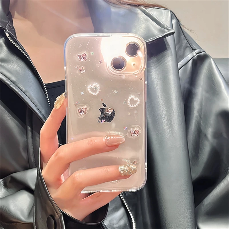 Luxury Pink 3D Butterfly Diamand Case For Iphone 15 14 13 12 11 Pro Max Plus Ins Epoxy Glitter Clear Soft Cover