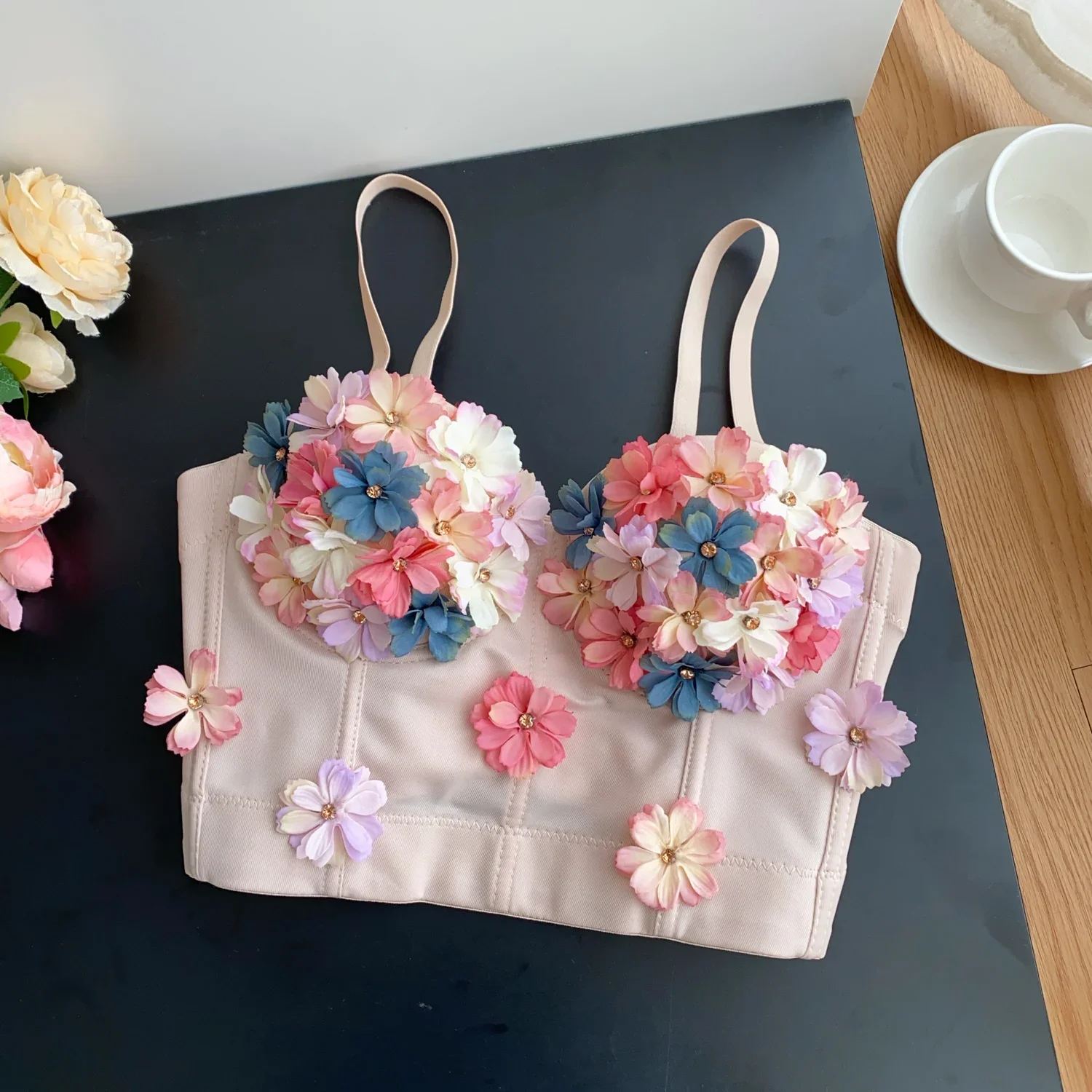 Sexy Hotsweet Backless Elegant Sleeveless Vintage Rhinestone Three-dimensional Flower Slim Beach High Street  Straps Camis Top