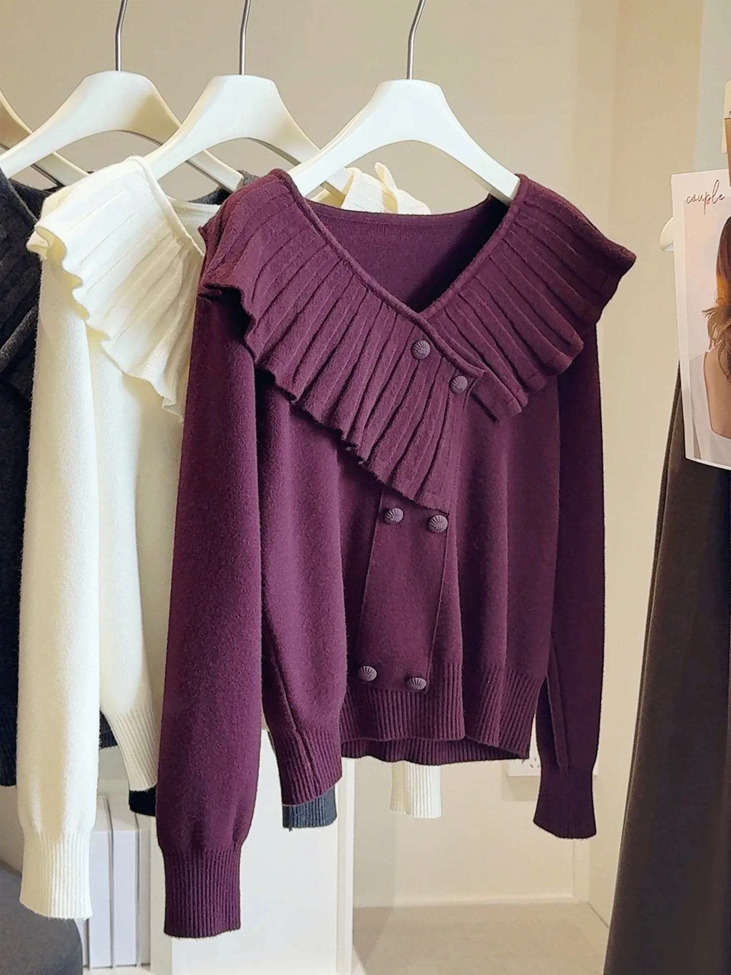 Harajuku Casual Ruffled Purple Jumpers Knit Sweater Women V-neck Irregular Double Breasted Pullover Winter Warm Bottoming Shirts