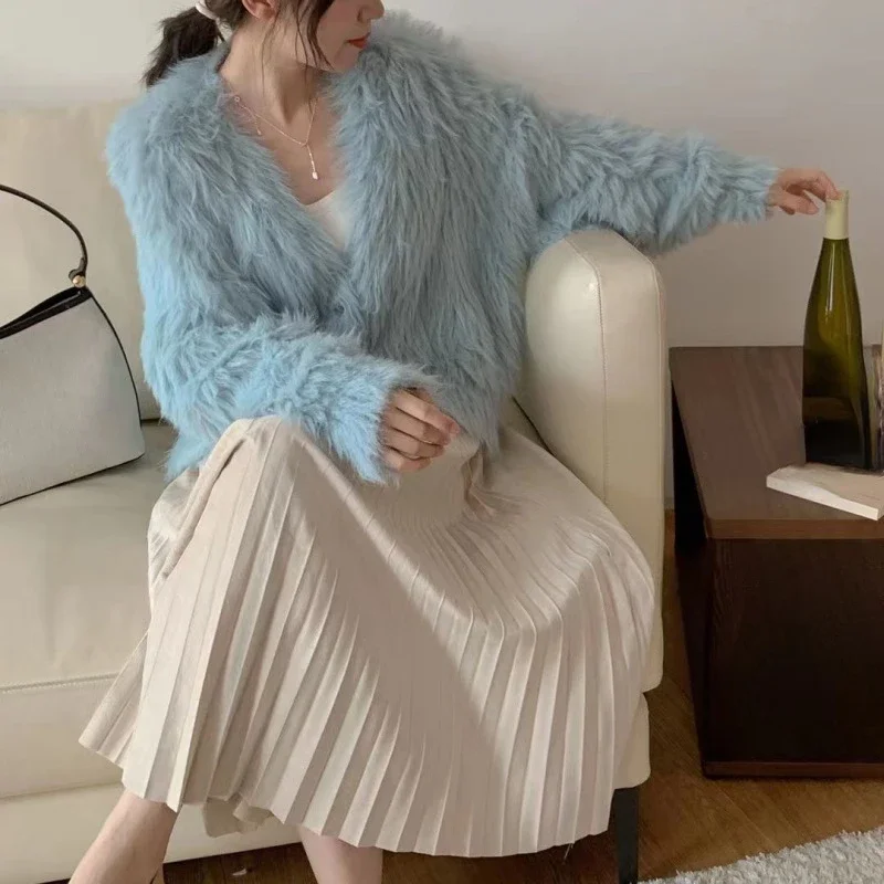 

Korean Fashion Thick Candy Color Women Sweaters V Neck Autumn Winter Mink Cashmere Sweet Cardigans