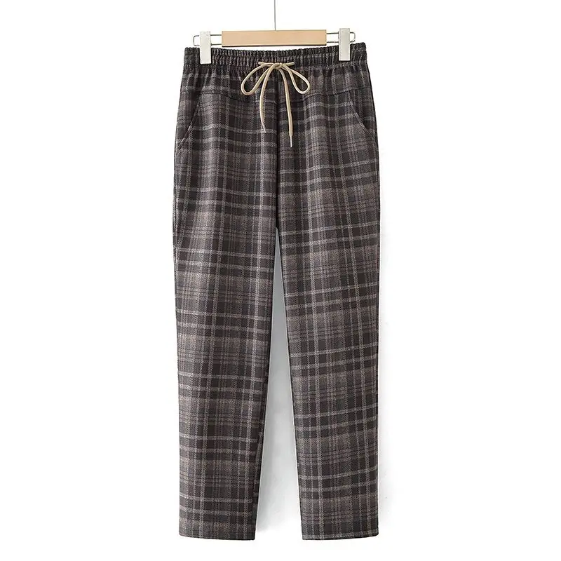 

Elegant Mid-Senior Women's Spring/Autumn High-Waist Slimming Plaid Straight-Leg Pants
