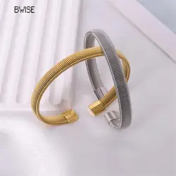 Bwise 18k Gold Plated Titanium Steel Bracelet Vintage Elastic Gypsy Polishing Bangle For Women Girls Fashion Aesthetic Jewelry