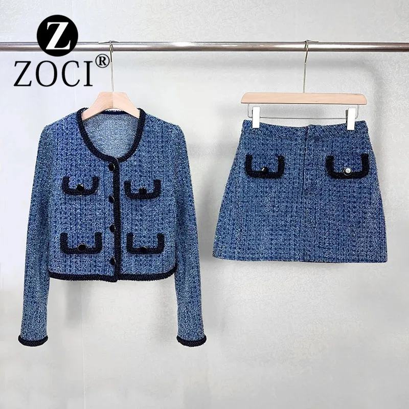 [ZOCI] Early Autumn New Socialite Xiaoxiangfeng Blue Brushed Denim Contrasting Color Woven Round Neck Fashionable Suit