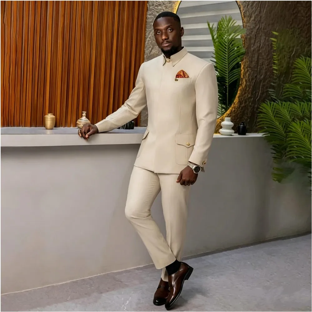 New Safari Men Suits Slim Fit 2 Pieces Two Pockets Business Smart Casual Groom Prom Outfits Custom Male Clothing Jacket+Pants