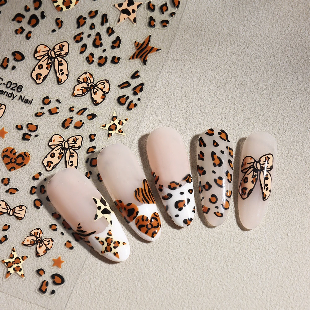 1/2 pièces 3D léopard arc amour coeur ongles autocollants automne hiver imprimé léopard nœud papillon auto-adhésif décalcomanies curseurs décoration des ongles