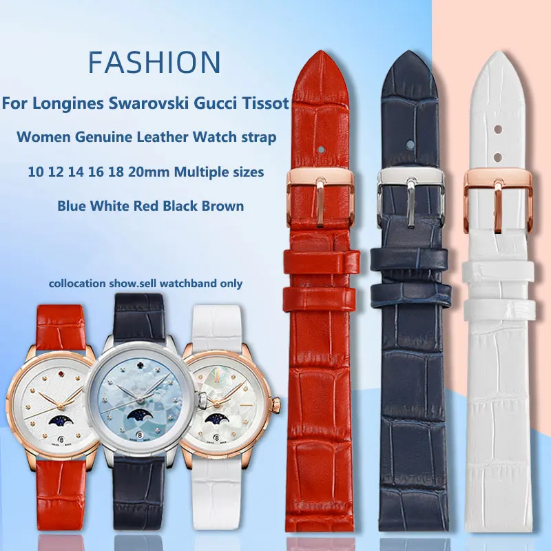 ل ل لونجين سواروفسكي غوتشي تيسو 12 14 16 18 مللي متر النساء أحمر أبيض أزرق أسود جلد طبيعي حزام الساعات رقيقة الأدمة حزام ساعة اليد