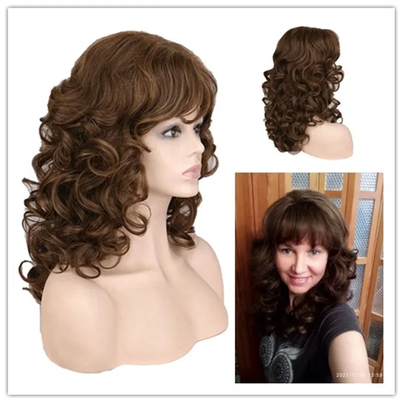 

WHIMSICAL W Synthetic Long Black Brown Gloden Wavy Wig with Neat bangs Hair Highlights Cosplay Heat Resistant Wigs for Women