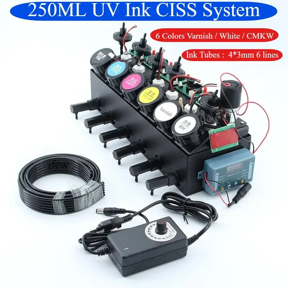 

UV Ink CISS System With Stirrer Timer 6Colors 250ML Speed Adjustable Sensor Alarm Varnish Ink lower out hole outlet Ink tank