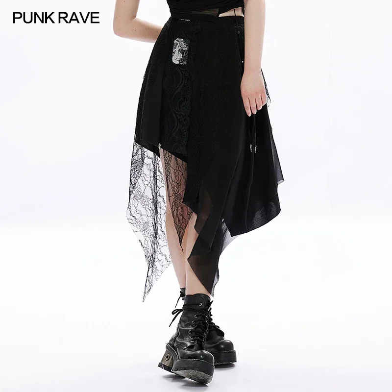 

PUNK RAVE Women's Dark Layered Three Layer Splicing High Waist Skirt Gothic Daily Streetwear Personality Asymmetrical Skirts