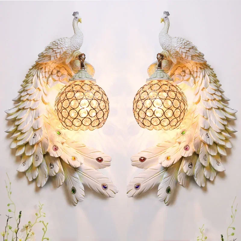 Nordic Retro Dual Color Peacock Wall Lamp Creative Gold White  Lamps LED Crystal Metal  Light  Corridor  Decoration