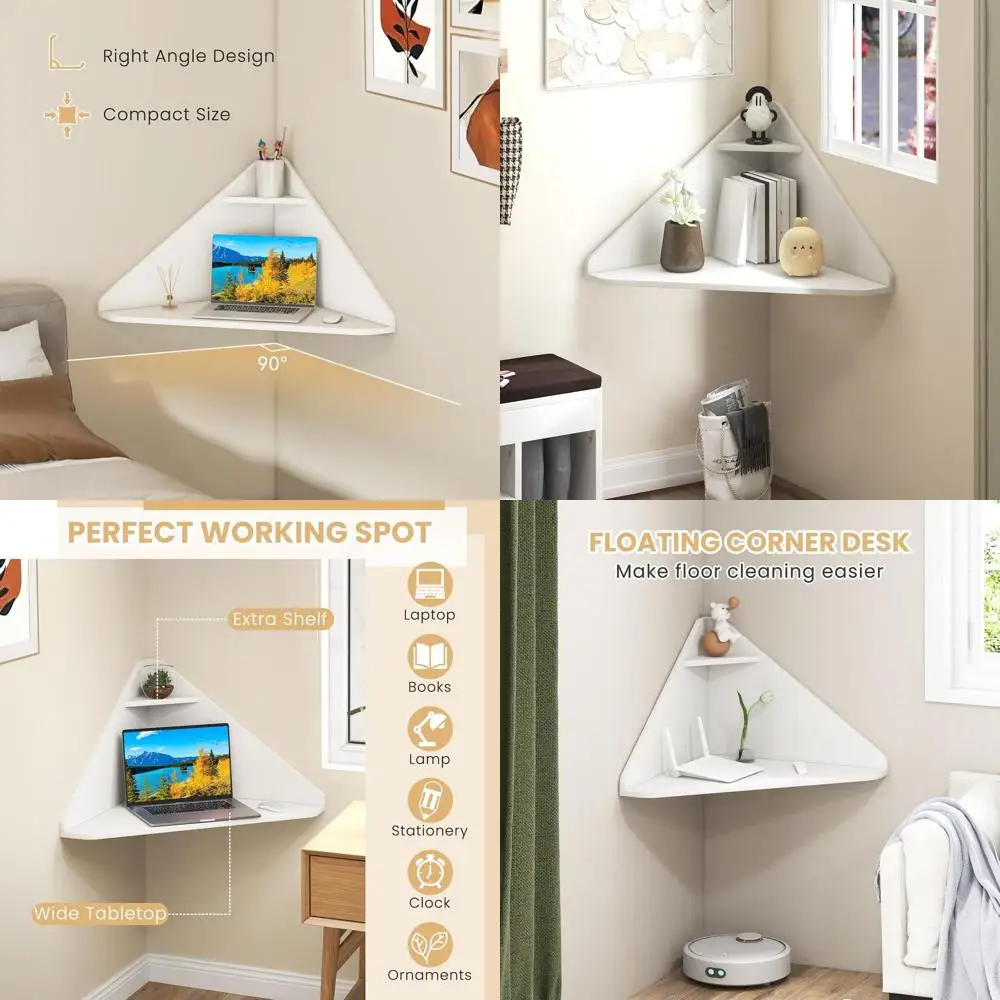 

Компактный треугольный настенный стол с местом для хранения вещей, белый — идеально подходит для ноутбуков, домашнего офиса, гостиных и небольших помещений.