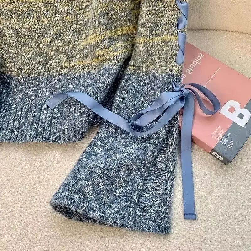 Women Sweater Chic Casual Striped Lace Up Autumn Winter Color Block Femme Pullover Korean Fashion Long Sleeve Elegant Knitwear