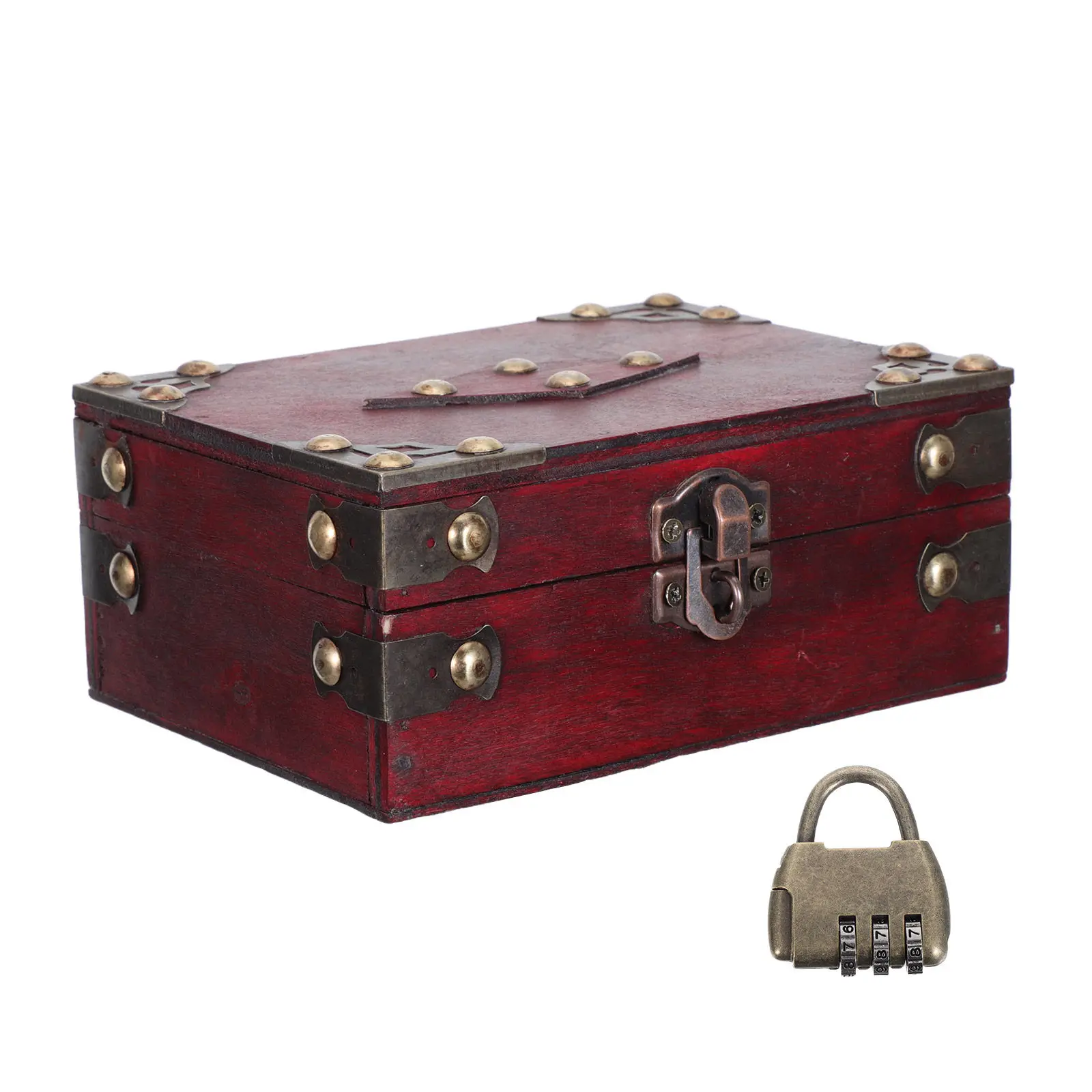 Wooden Jewelry Box with 3 Digit Combination Lock Vintage Rustic Red Trinket Storage Case Lockable Organizer