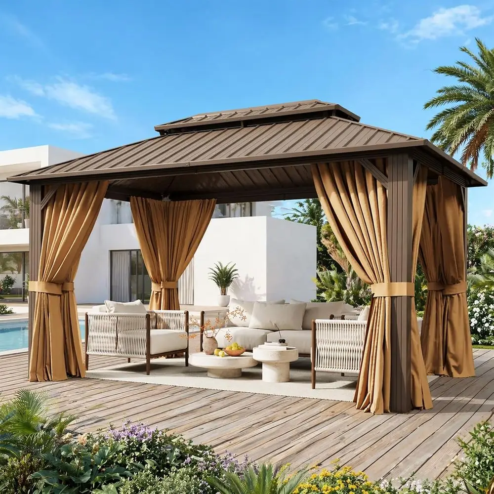 

10x12T Hardtop Gazebo, Metal e with Double Galvanized Steel Roo, Permanent Outdoor Pergola with Curtains and Netting Included or