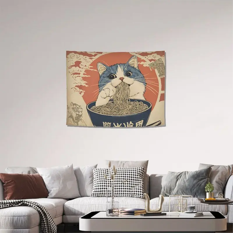 VIKAMA Japanese Ukiyoe Dry Rice Cat Lamian Noodles Vintage Tapestry, Cute Wall Hanging for Cat Cafe Room Decor