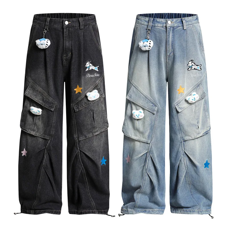 الهيب هوب الشارع الشهير سراويل جينز الرجال جرو التطريز متعدد جيوب الدنيم السراويل الرجال عادية مستقيم بنطال ذو قصة أرجل واسعة النساء