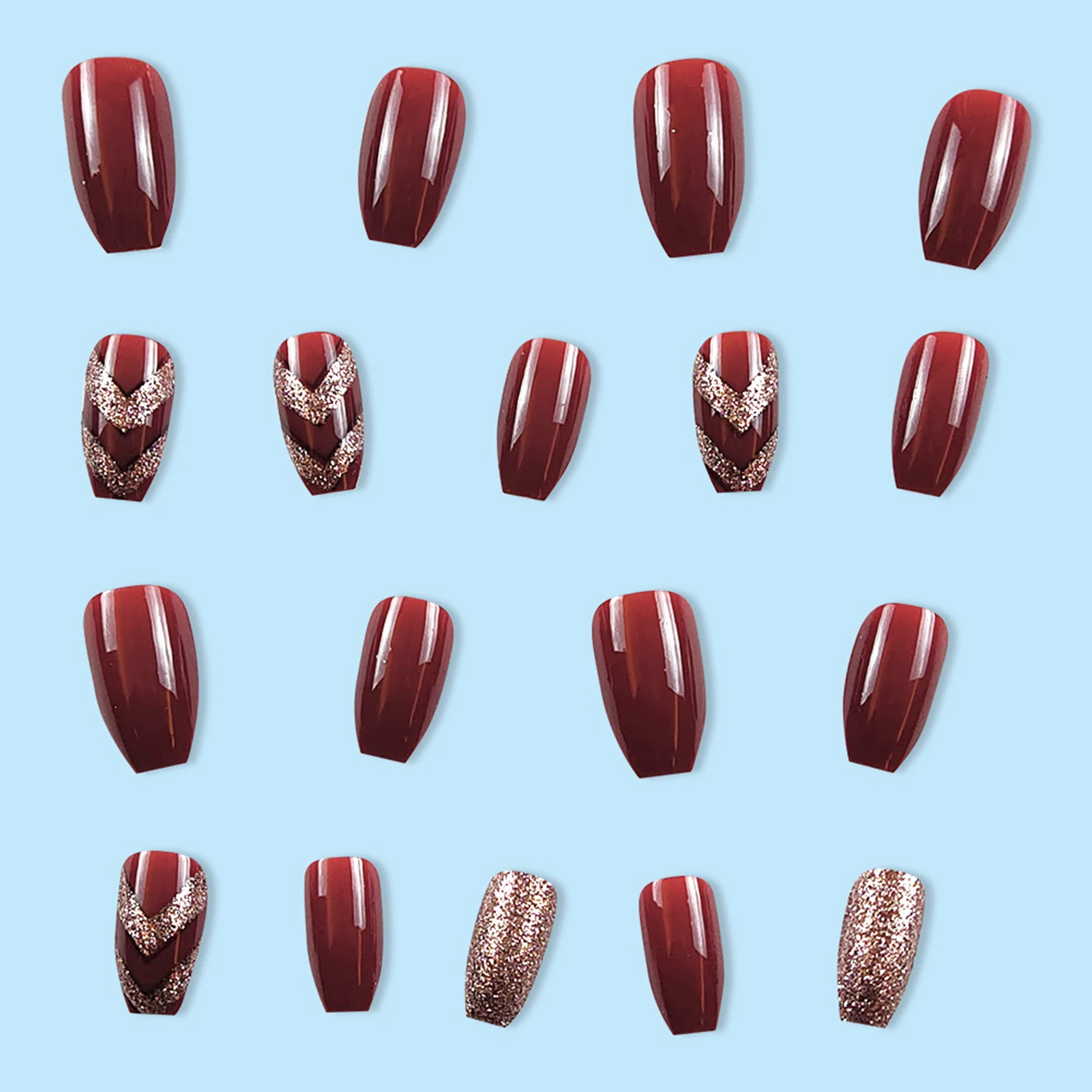 Flash Glitter Wine Red Fake Nails Ultra-flexible Long Lasting Fake Nails for Shopping Traveling Dating SEC88