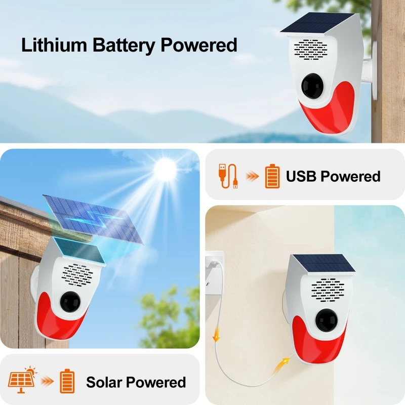 Detector de alarme wi fi 120db inteligente ao ar livre solar usb pir alarmes infravermelhos sirene som segurança do assaltante sensor estroboscópico controle remoto