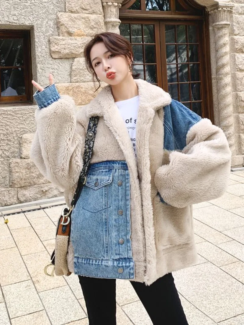 Patchwork Denim Lamb Wool Jacket For Women\'s Winter Plush Thickening Woman Coat Women Coat Winter Women\'s Cold Coat Coats Down