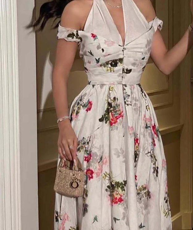 2025 Spring Summer New Women's Clothing Long Loose Maxi Dress Middle East Chiffon Floral Print Evening Party Dress