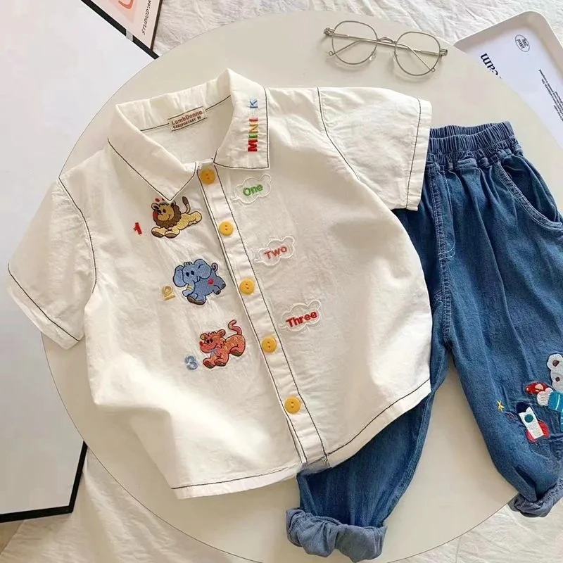 New Japanese style Boys cartoon embroidery white Shirt Kids turn-down collar short sleeve casual Tops