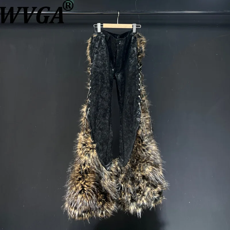 

WVGA Autumn Winter New Man High Street Printed Trendy Fur Thickened Patchwork PU Punk Niche Chic Casual Flared Pants Ins W13314