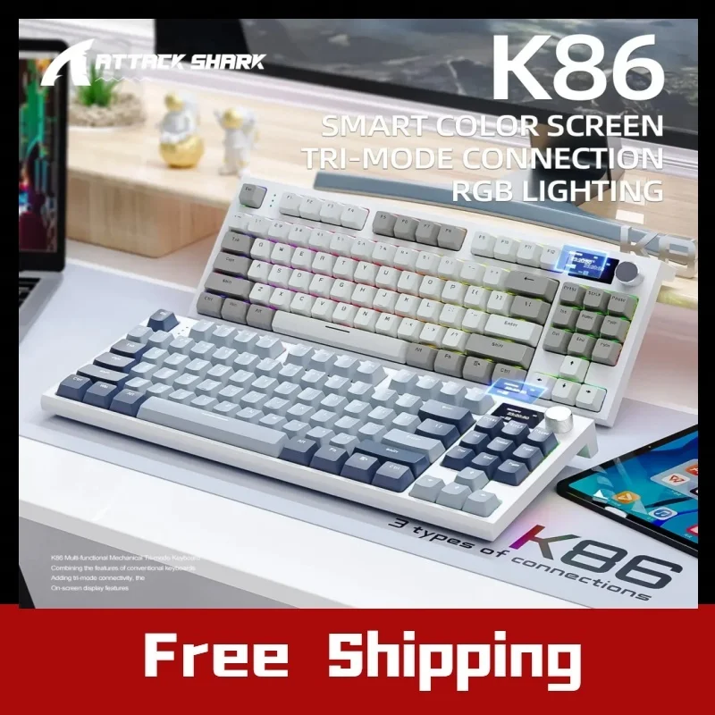 

Беспроводная механическая клавиатура Attack Shark K86 с возможностью горячей замены (Bluetooth/2,4 г) с дисплеем и поворотными кнопками громкости Hero