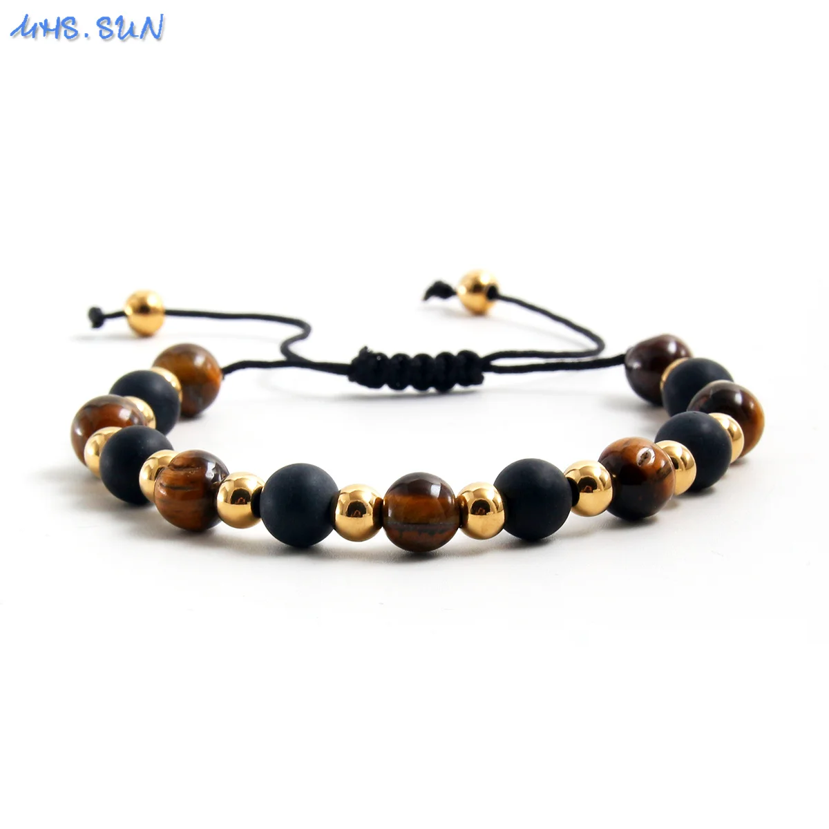 MHS.SUN Handmade Stainless Steel 6MM Gold Black Color Beads Bracelet Natural Tiger Eye Stone Adjustable Men Daily Jewelry