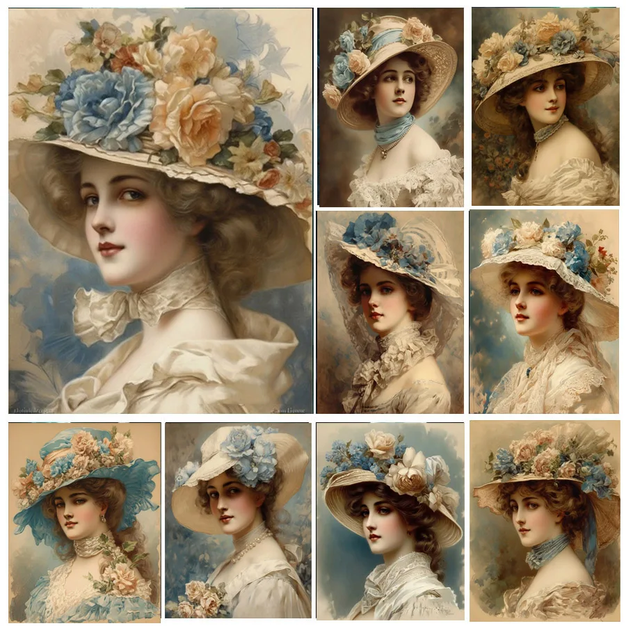 5D Diamond Painting New Arrival Retro Beauty Lady Hat Portrait Embroidery Diamond Cross Stitch Kits Mosaic Home Decor V218