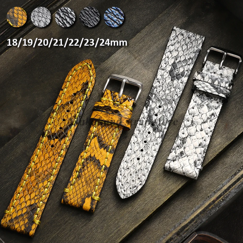 18/19/20/21/22/23/24mm Handmade Leather Watchband Embossed Snake Shark Skin Pattern for Omega Bracelet Men Vintage Cowhide Strap