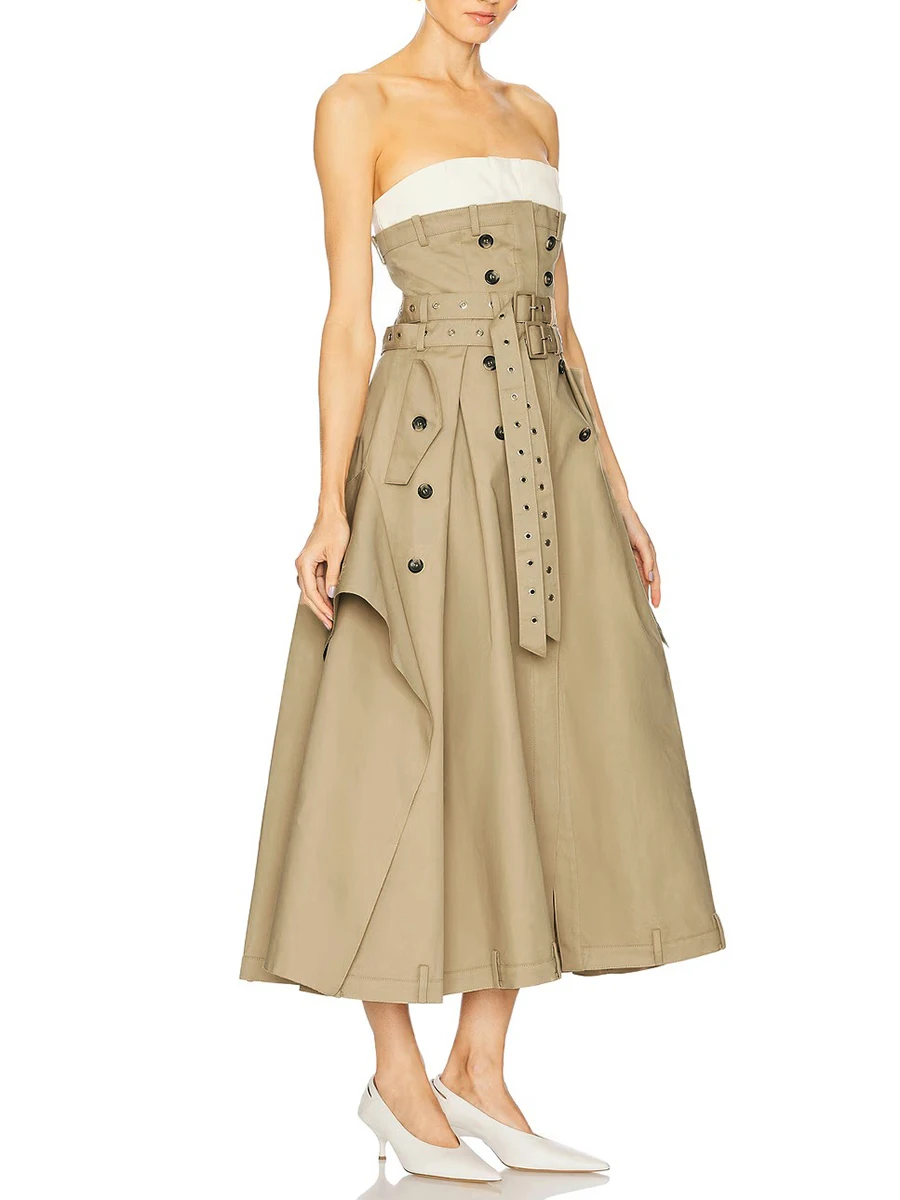 TWOTWINSTYLE Solid Spliced Button Slimming Dresses for Women Strapless Sleeveless High Waist Temperament Dress Female Fashion