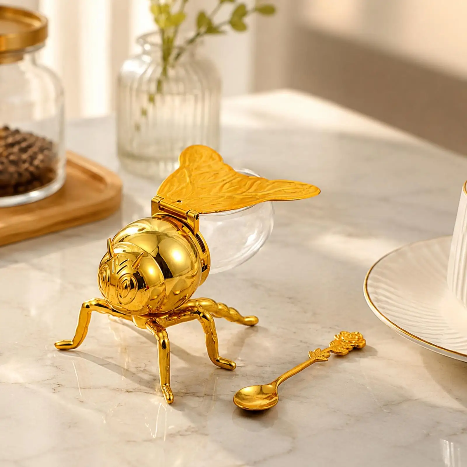 Decorative Honeybee Condiment Pot with Glass Body and Plastic Lid for Storing Spices and Seasonings