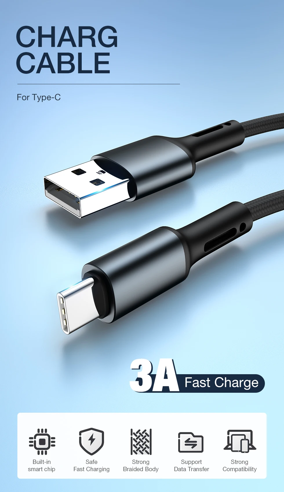 3Pcs USB Type A To C Cable For Samsung S10 S20 Xiaomi Redmi Original USBC 1m 2m Long 25cm Short Data Charger Wire Fast Charge