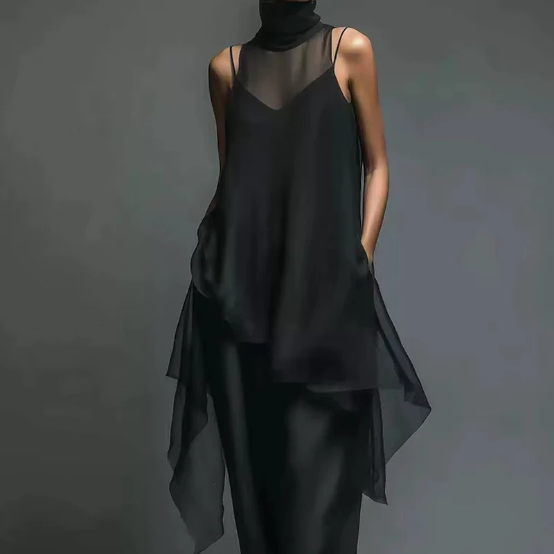 

Women Casual Pocket Solid Satin 2 Piece Suit Fashion Simple Temperament Skirt Set Elegant High Neck Sleeveless Chiffon Outfits