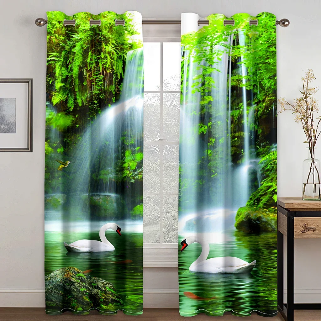 3D Digital Forest Tree Waterfall Landscape Curtains, Home Decor, Nature Scenery, Curtain Hook, Living Room, Bedroom