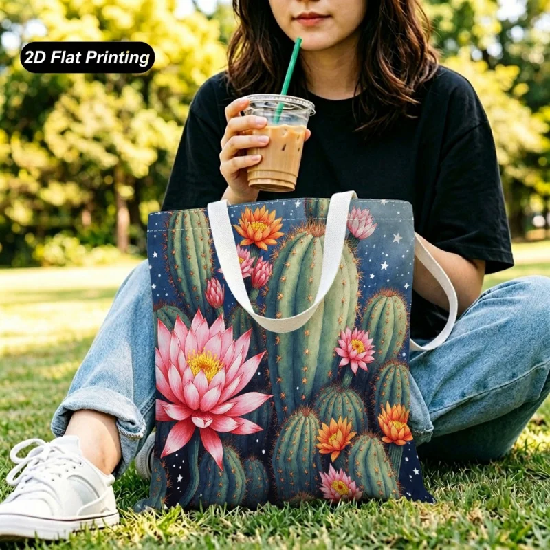 1PC【Tote Bag】Cactus flower print large capacity tote bag，Suitable shopping、Outdoor Travel、Daily Commute，Increase sense of ha