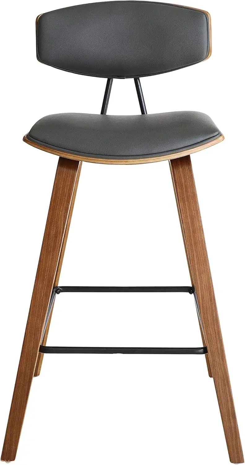 Armen Living Fox 28.5" Bar Height Grey Faux Leather and Walnut Wood Mid-Century Modern Bar Stool