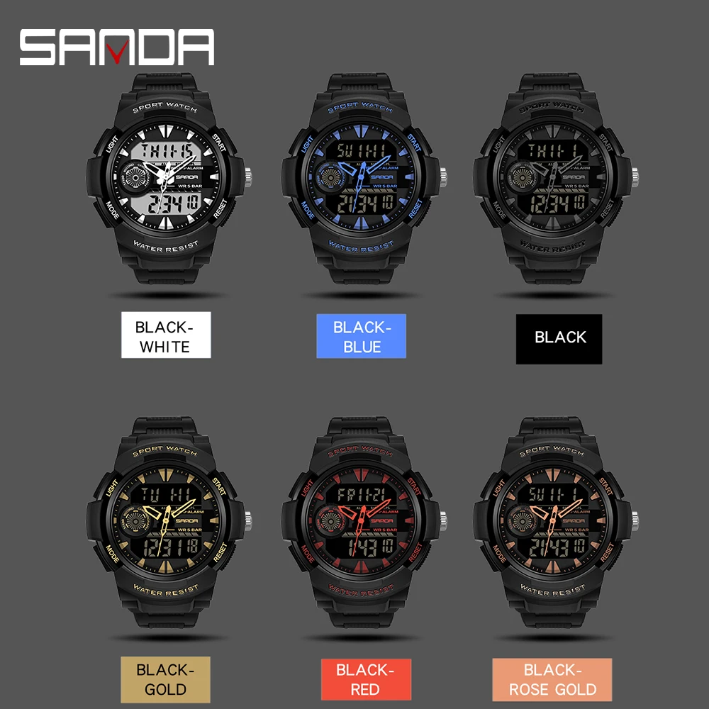 SANDA 6002 Luxury Dual Display orologi da uomo Fashion Digital Luminous 5BAR orologio da uomo sportivo al quarzo impermeabile Relogio Masculino