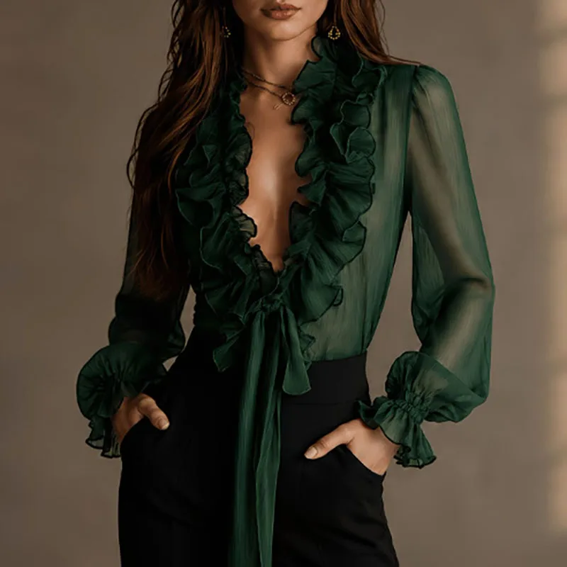 Elegant Women Solid Sheer Shirt Deep V Ruffled Lace Up Hollow Lantern Long Sleeve Tops Holiday Fall Bohemian Office Party Blouse