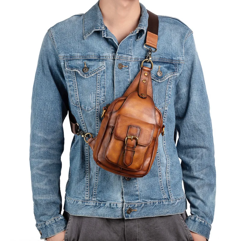 Genuine leather retro men's anti-theft chest bag, hand-painted multi-functional travel multi-pocket single-shoulder bag