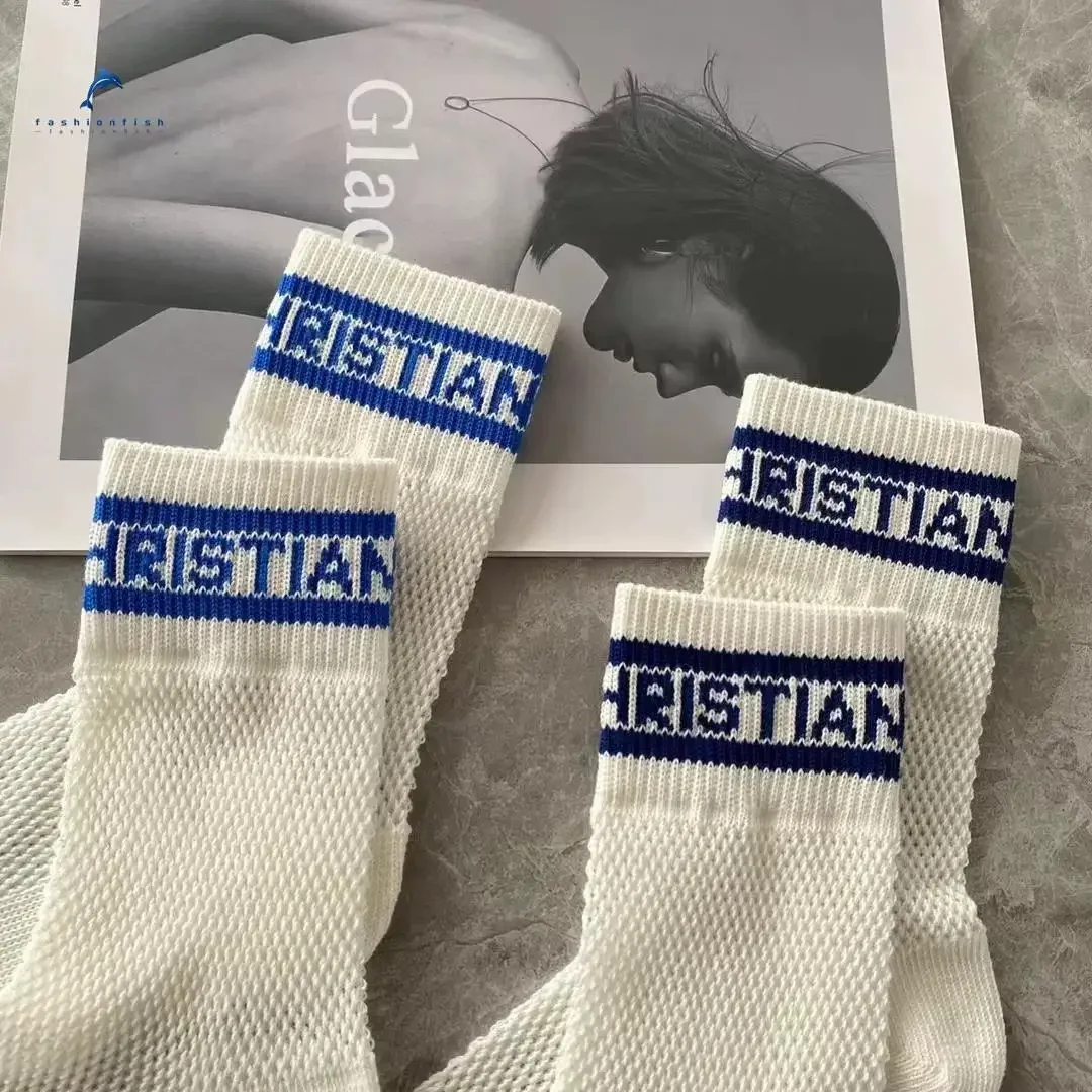 Женские сетчатые носки до середины икры с надписью D, дышащие тонкие носки знаменитостей, же белые, черные пары