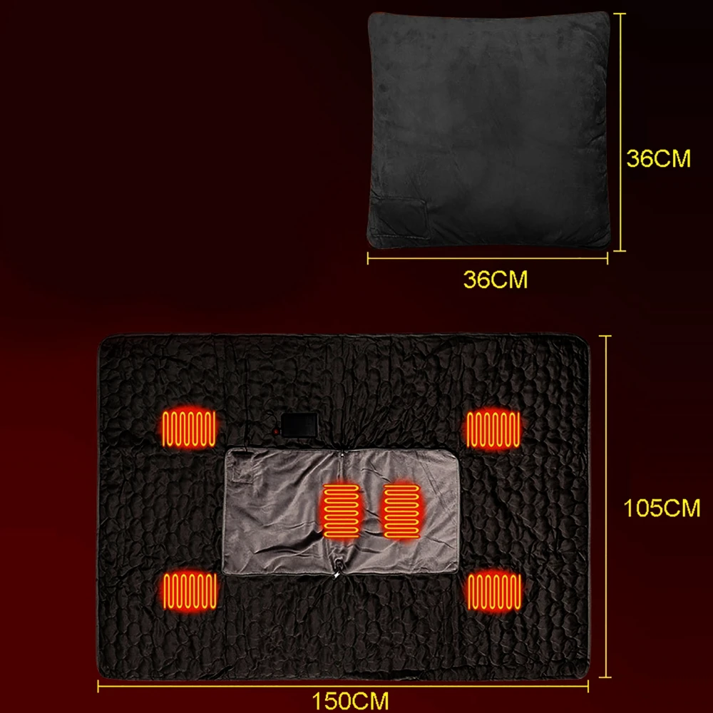 38-55 ℃ Electric Heating Blanket & Pillow 2 Use Winter Warmer Heater 3 Modes Thermostat Adjustable 150x105cm USB Charging