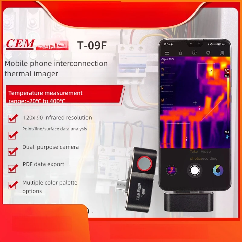 Cámara termográfica para teléfono inteligente CEM para detección de fugas de calefacción por suelo radiante, detección térmica de circuito, termómetro infrarrojo T-09F