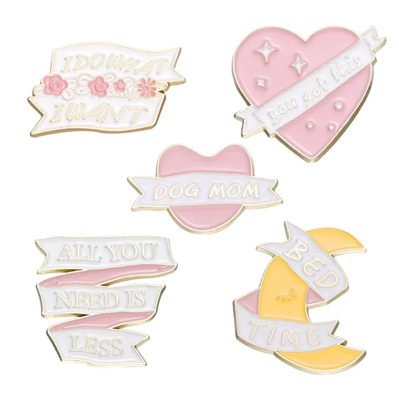 Lapel Pins Inspirational English Alloy Brooch Cute Pink Love White Ribbon Moon Paint Badge Buckle Enamel Pin Brooches on Clothes