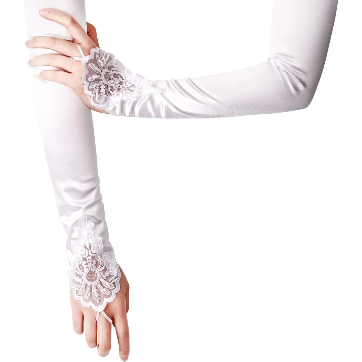 Fingerless Long White Gloves Pierced Elbow Length Satin Gloves 19\