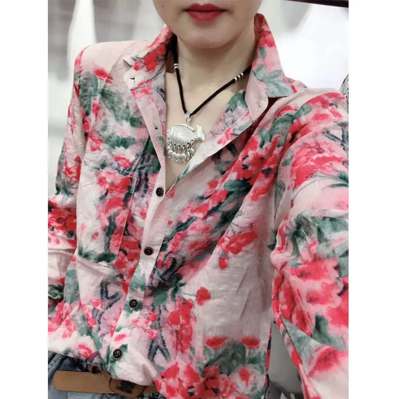 Korean Commute Spring Autumn New Cotton Blouses Women Spliced Pocket Polo Collar Printed Loose Long Sleeve Single-breasted Shirt