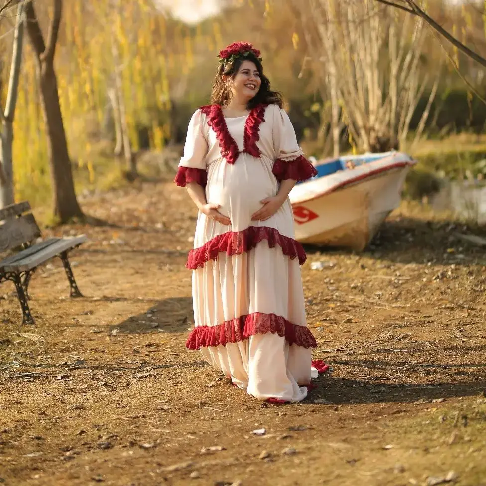 

Burgundy Lace Woman Pregnant Prom Dress Short Sleeves Maternity Bridal Robes Evening Gown Autumn Fall Sleepwear Customized